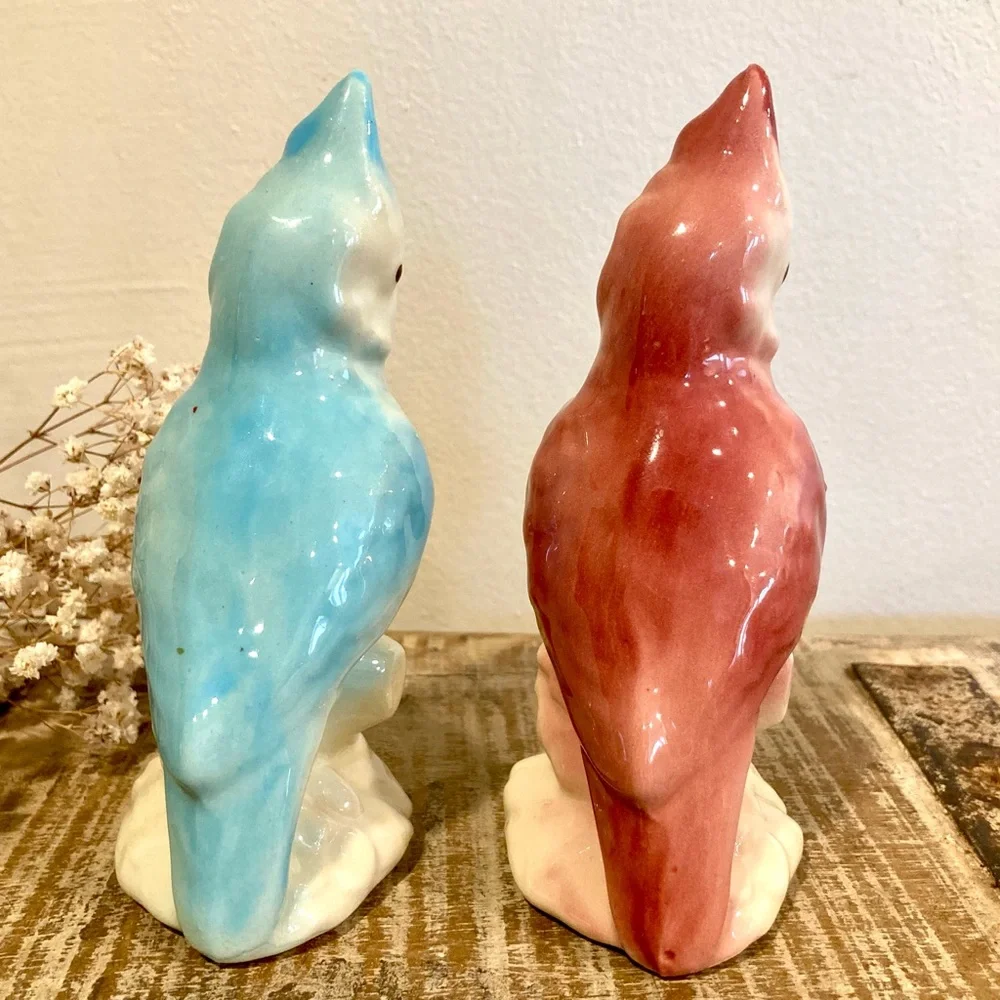 Pair Vintage Parakeet Ceramic Figurines 6” Tall Pinks and Blue